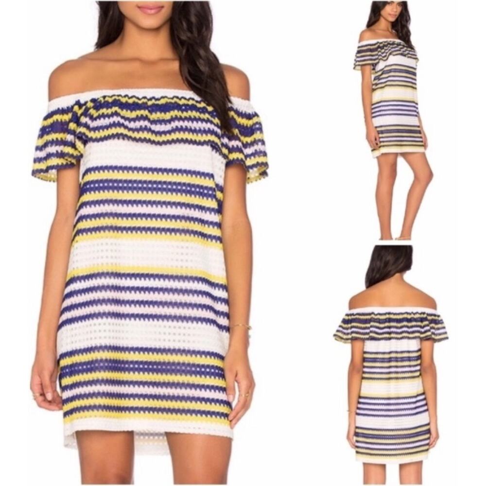 1.STATE Dress Purple White Yellow Striped Off Shoulder Knit Crochet Ruffle Mini